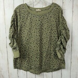 Jane and Delancey Women's Green Leopard Waffle Knit Ruched Sleeve Top Size XL